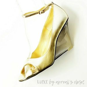 New Matte Metallic Gold Open Toe Clear Wedge